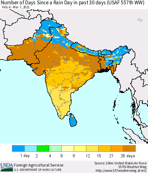 Southern Asia Number of Days Since a Rain Day in past 30 days (USAF 557th WW) Thematic Map For 3/1/2021 - 3/7/2021
