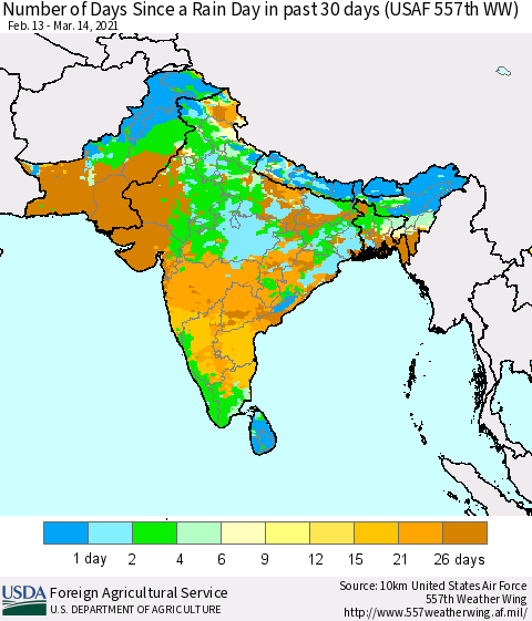 Southern Asia Number of Days Since a Rain Day in past 30 days (USAF 557th WW) Thematic Map For 3/8/2021 - 3/14/2021