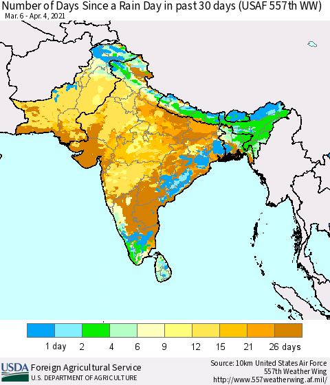 Southern Asia Number of Days Since a Rain Day in past 30 days (USAF 557th WW) Thematic Map For 3/29/2021 - 4/4/2021