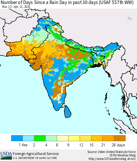 Southern Asia Number of Days Since a Rain Day in past 30 days (USAF 557th WW) Thematic Map For 4/5/2021 - 4/11/2021