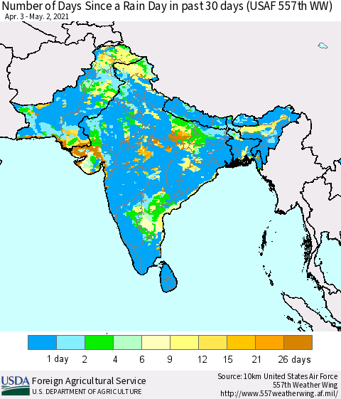 Southern Asia Number of Days Since a Rain Day in past 30 days (USAF 557th WW) Thematic Map For 4/26/2021 - 5/2/2021
