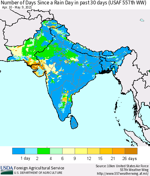 Southern Asia Number of Days Since a Rain Day in past 30 days (USAF 557th WW) Thematic Map For 5/3/2021 - 5/9/2021