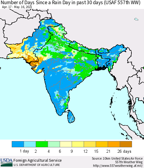 Southern Asia Number of Days Since a Rain Day in past 30 days (USAF 557th WW) Thematic Map For 5/10/2021 - 5/16/2021