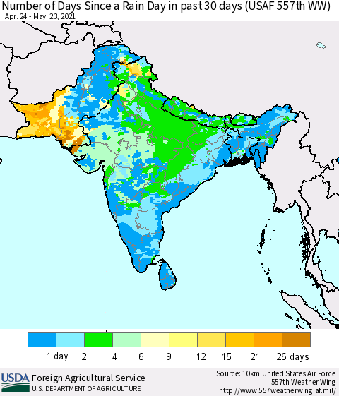 Southern Asia Number of Days Since a Rain Day in past 30 days (USAF 557th WW) Thematic Map For 5/17/2021 - 5/23/2021