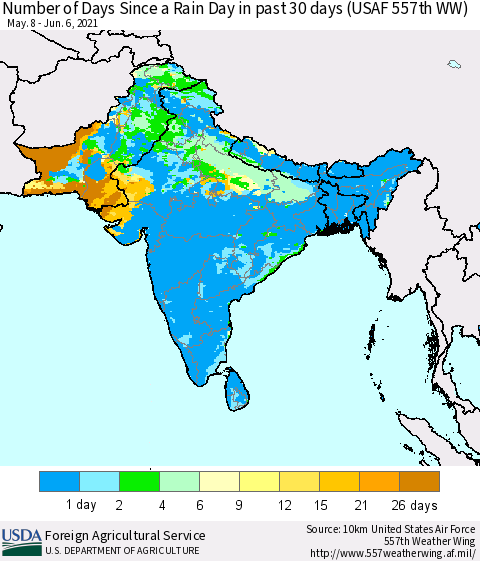 Southern Asia Number of Days Since a Rain Day in past 30 days (USAF 557th WW) Thematic Map For 5/31/2021 - 6/6/2021