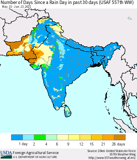 Southern Asia Number of Days Since a Rain Day in past 30 days (USAF 557th WW) Thematic Map For 6/7/2021 - 6/13/2021