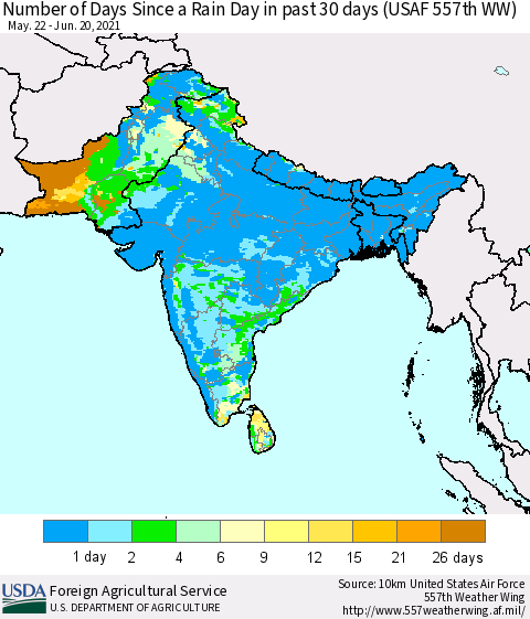 Southern Asia Number of Days Since a Rain Day in past 30 days (USAF 557th WW) Thematic Map For 6/14/2021 - 6/20/2021