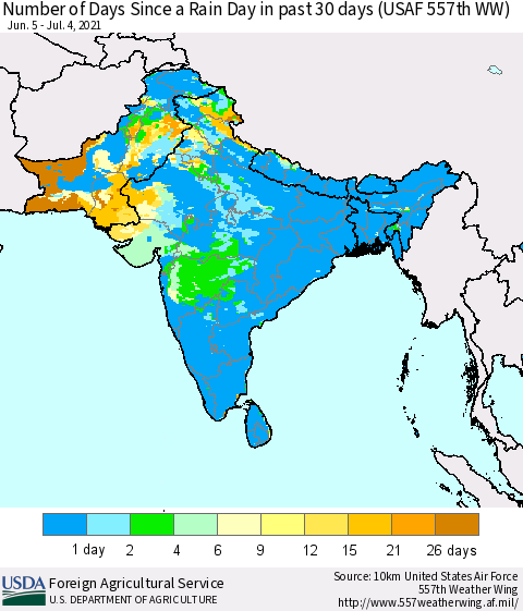 Southern Asia Number of Days Since a Rain Day in past 30 days (USAF 557th WW) Thematic Map For 6/28/2021 - 7/4/2021