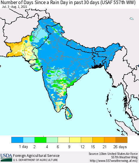 Southern Asia Number of Days Since a Rain Day in past 30 days (USAF 557th WW) Thematic Map For 7/26/2021 - 8/1/2021
