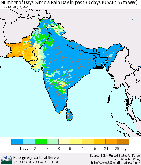 Southern Asia Number of Days Since a Rain Day in past 30 days (USAF 557th WW) Thematic Map For 8/2/2021 - 8/8/2021