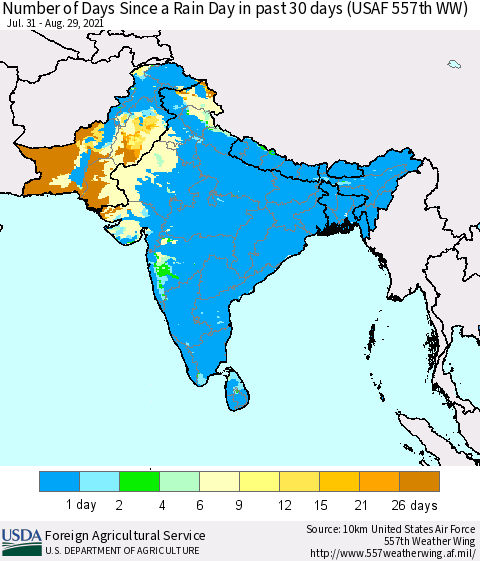 Southern Asia Number of Days Since a Rain Day in past 30 days (USAF 557th WW) Thematic Map For 8/23/2021 - 8/29/2021