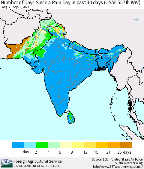 Southern Asia Number of Days Since a Rain Day in past 30 days (USAF 557th WW) Thematic Map For 8/30/2021 - 9/5/2021
