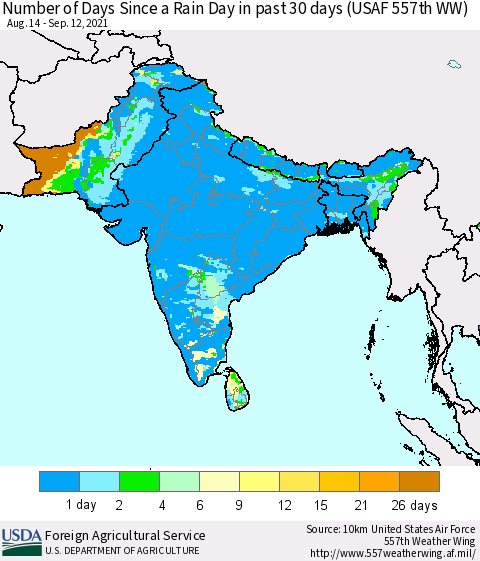 Southern Asia Number of Days Since a Rain Day in past 30 days (USAF 557th WW) Thematic Map For 9/6/2021 - 9/12/2021
