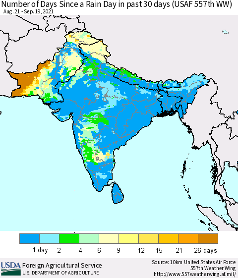 Southern Asia Number of Days Since a Rain Day in past 30 days (USAF 557th WW) Thematic Map For 9/13/2021 - 9/19/2021