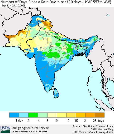 Southern Asia Number of Days Since a Rain Day in past 30 days (USAF 557th WW) Thematic Map For 10/4/2021 - 10/10/2021