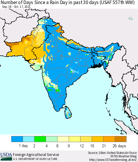 Southern Asia Number of Days Since a Rain Day in past 30 days (USAF 557th WW) Thematic Map For 10/11/2021 - 10/17/2021