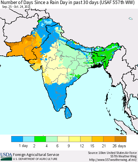Southern Asia Number of Days Since a Rain Day in past 30 days (USAF 557th WW) Thematic Map For 10/18/2021 - 10/24/2021