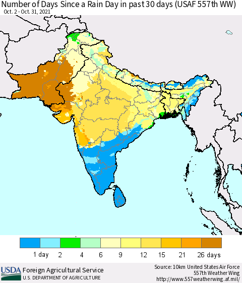 Southern Asia Number of Days Since a Rain Day in past 30 days (USAF 557th WW) Thematic Map For 10/25/2021 - 10/31/2021