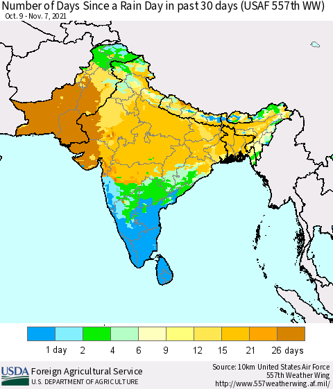 Southern Asia Number of Days Since a Rain Day in past 30 days (USAF 557th WW) Thematic Map For 11/1/2021 - 11/7/2021