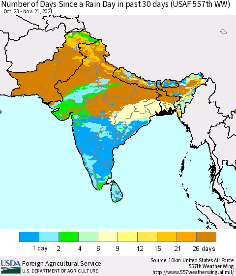 Southern Asia Number of Days Since a Rain Day in past 30 days (USAF 557th WW) Thematic Map For 11/15/2021 - 11/21/2021