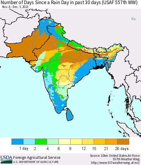 Southern Asia Number of Days Since a Rain Day in past 30 days (USAF 557th WW) Thematic Map For 11/29/2021 - 12/5/2021