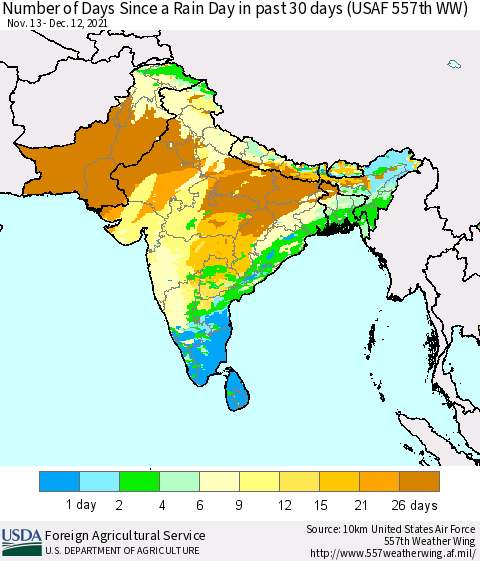 Southern Asia Number of Days Since a Rain Day in past 30 days (USAF 557th WW) Thematic Map For 12/6/2021 - 12/12/2021
