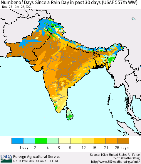 Southern Asia Number of Days Since a Rain Day in past 30 days (USAF 557th WW) Thematic Map For 12/20/2021 - 12/26/2021