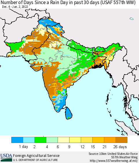 Southern Asia Number of Days Since a Rain Day in past 30 days (USAF 557th WW) Thematic Map For 12/27/2021 - 1/2/2022