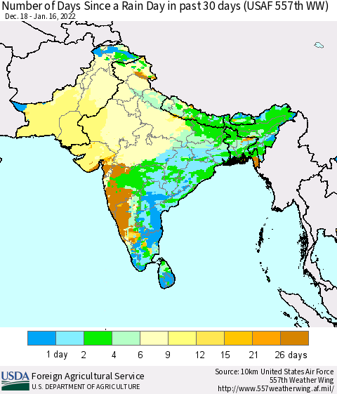 Southern Asia Number of Days Since a Rain Day in past 30 days (USAF 557th WW) Thematic Map For 1/10/2022 - 1/16/2022