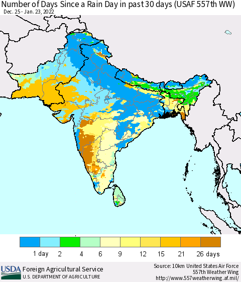 Southern Asia Number of Days Since a Rain Day in past 30 days (USAF 557th WW) Thematic Map For 1/17/2022 - 1/23/2022