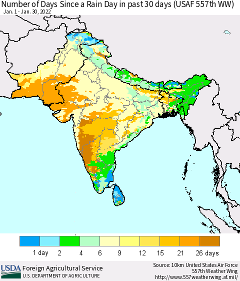 Southern Asia Number of Days Since a Rain Day in past 30 days (USAF 557th WW) Thematic Map For 1/24/2022 - 1/30/2022