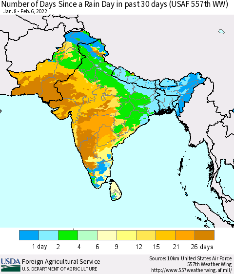 Southern Asia Number of Days Since a Rain Day in past 30 days (USAF 557th WW) Thematic Map For 1/31/2022 - 2/6/2022