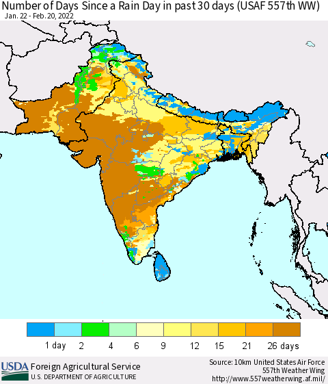Southern Asia Number of Days Since a Rain Day in past 30 days (USAF 557th WW) Thematic Map For 2/14/2022 - 2/20/2022