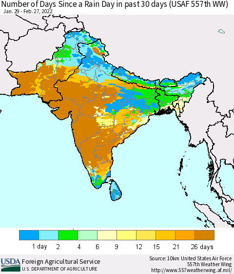Southern Asia Number of Days Since a Rain Day in past 30 days (USAF 557th WW) Thematic Map For 2/21/2022 - 2/27/2022