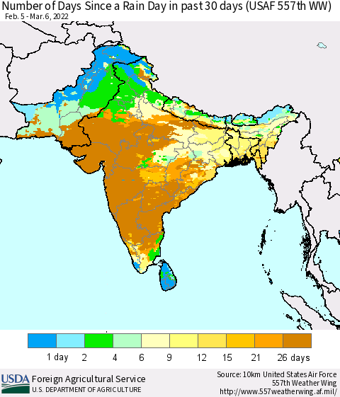 Southern Asia Number of Days Since a Rain Day in past 30 days (USAF 557th WW) Thematic Map For 2/28/2022 - 3/6/2022