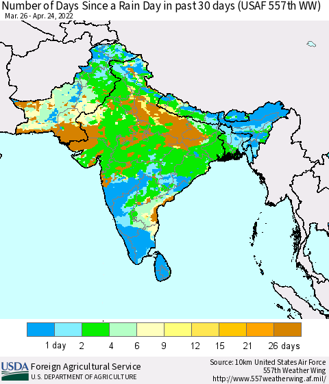 Southern Asia Number of Days Since a Rain Day in past 30 days (USAF 557th WW) Thematic Map For 4/18/2022 - 4/24/2022