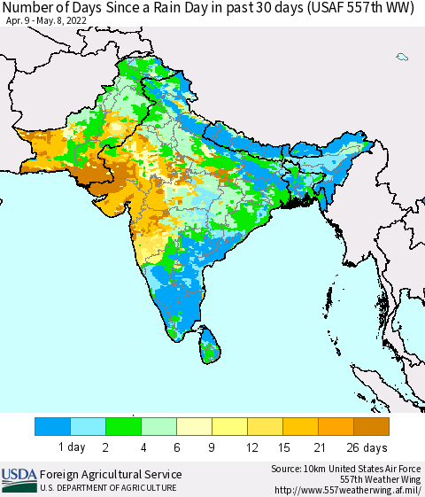 Southern Asia Number of Days Since a Rain Day in past 30 days (USAF 557th WW) Thematic Map For 5/2/2022 - 5/8/2022