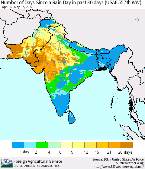 Southern Asia Number of Days Since a Rain Day in past 30 days (USAF 557th WW) Thematic Map For 5/9/2022 - 5/15/2022