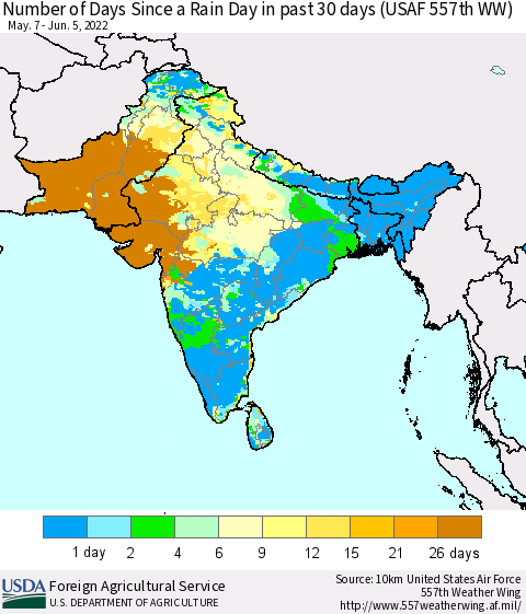 Southern Asia Number of Days Since a Rain Day in past 30 days (USAF 557th WW) Thematic Map For 5/30/2022 - 6/5/2022