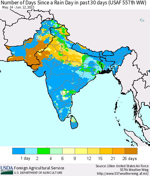 Southern Asia Number of Days Since a Rain Day in past 30 days (USAF 557th WW) Thematic Map For 6/6/2022 - 6/12/2022
