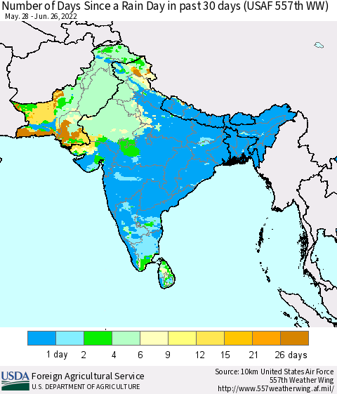 Southern Asia Number of Days Since a Rain Day in past 30 days (USAF 557th WW) Thematic Map For 6/20/2022 - 6/26/2022