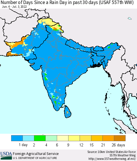 Southern Asia Number of Days Since a Rain Day in past 30 days (USAF 557th WW) Thematic Map For 6/27/2022 - 7/3/2022