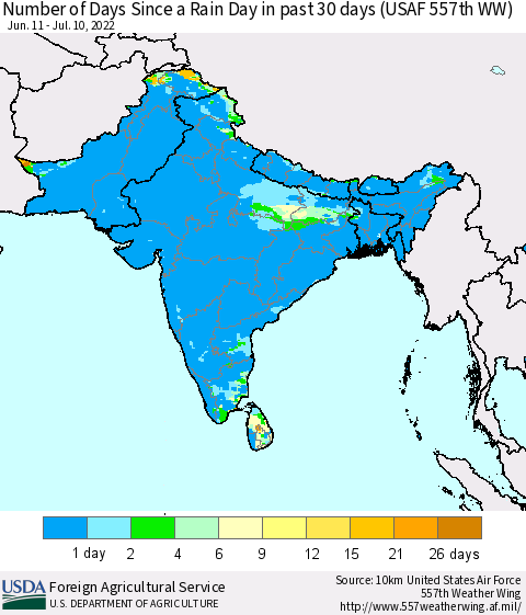 Southern Asia Number of Days Since a Rain Day in past 30 days (USAF 557th WW) Thematic Map For 7/4/2022 - 7/10/2022