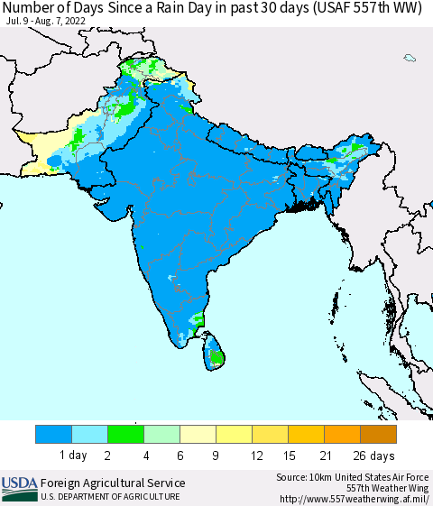 Southern Asia Number of Days Since a Rain Day in past 30 days (USAF 557th WW) Thematic Map For 8/1/2022 - 8/7/2022