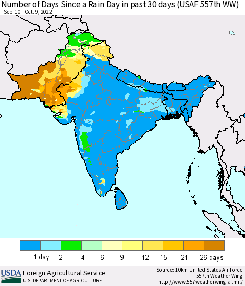 Southern Asia Number of Days Since a Rain Day in past 30 days (USAF 557th WW) Thematic Map For 10/3/2022 - 10/9/2022
