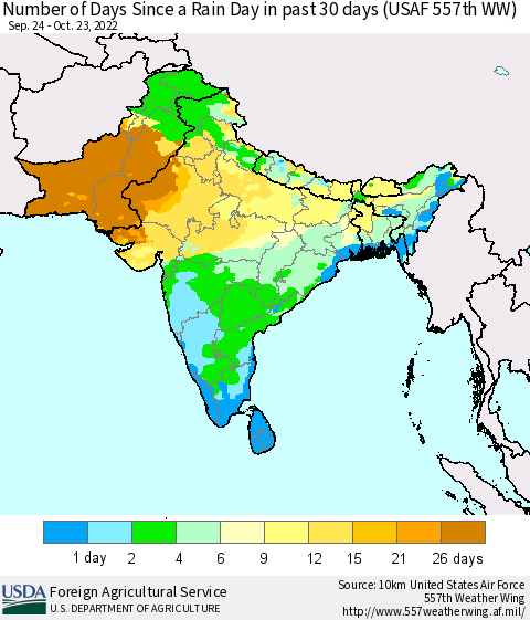 Southern Asia Number of Days Since a Rain Day in past 30 days (USAF 557th WW) Thematic Map For 10/17/2022 - 10/23/2022
