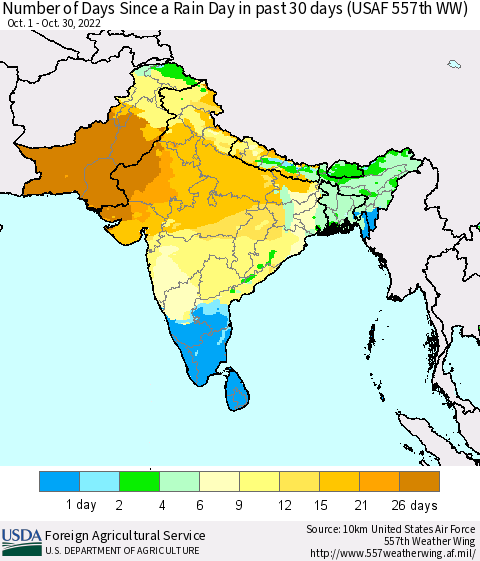 Southern Asia Number of Days Since a Rain Day in past 30 days (USAF 557th WW) Thematic Map For 10/24/2022 - 10/30/2022