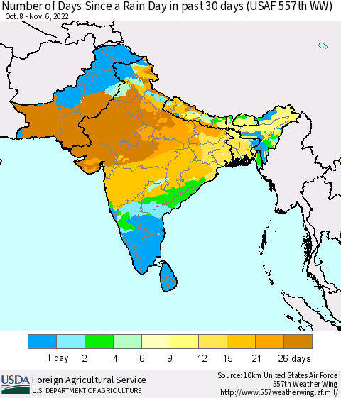 Southern Asia Number of Days Since a Rain Day in past 30 days (USAF 557th WW) Thematic Map For 10/31/2022 - 11/6/2022