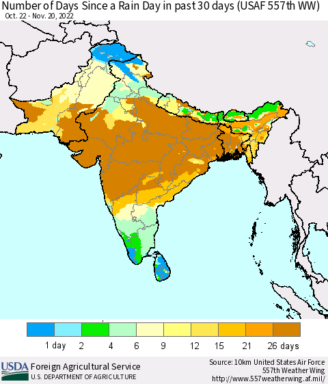 Southern Asia Number of Days Since a Rain Day in past 30 days (USAF 557th WW) Thematic Map For 11/14/2022 - 11/20/2022