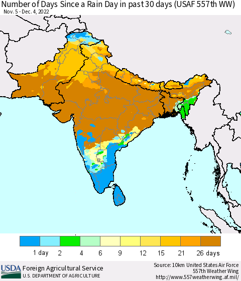 Southern Asia Number of Days Since a Rain Day in past 30 days (USAF 557th WW) Thematic Map For 11/28/2022 - 12/4/2022